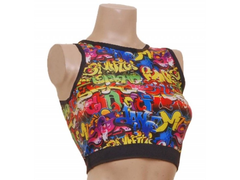 Multi Coloured Graffiti Pole Fitness Wear High Crop Top